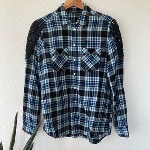 Express Flannel Button Down Shirt with Crochet Shoulder Appliqué